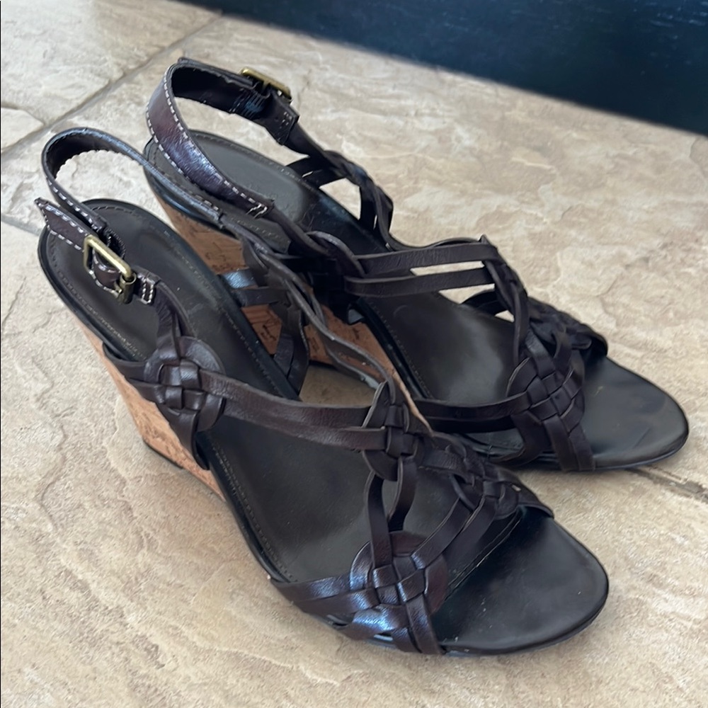 Lauren Ralph Lauren Brown Braided Leather Wedge Sandals Size 9.5